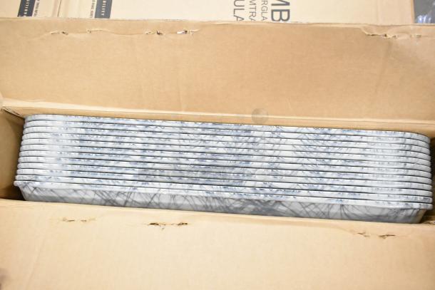 30 new Cambro 16225277 rectangular swirl gray fiberglass trays, 16.5" x 22.5", customizable, boxed in scratch and dent condition.