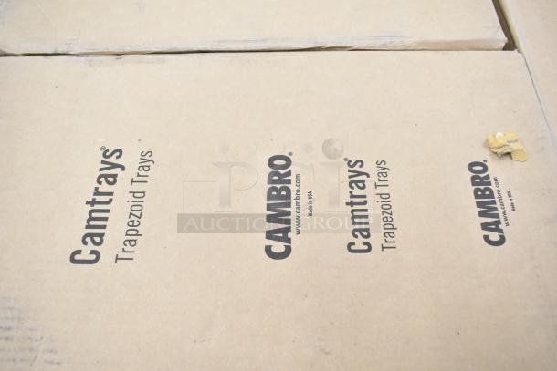 Cardboard box labeled "Cambro 1422TR526 Camtrays Trapezoid Trays" for auction, contains 55 trays.