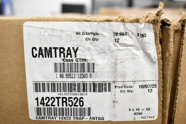 Cardboard box with label for Cambro 1422TR526 Camtray, 14"x22", Galaxy Gold, 12 per case, new scratch and dent condition.