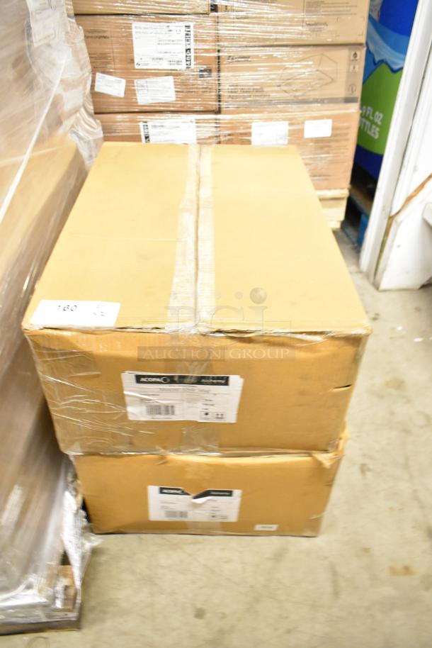 Two sealed boxes labeled "Acopa Alchemy 553AQCMS16" containing 16 oz. dark antique copper Moscow Mule mugs. Scratch and dent condition.