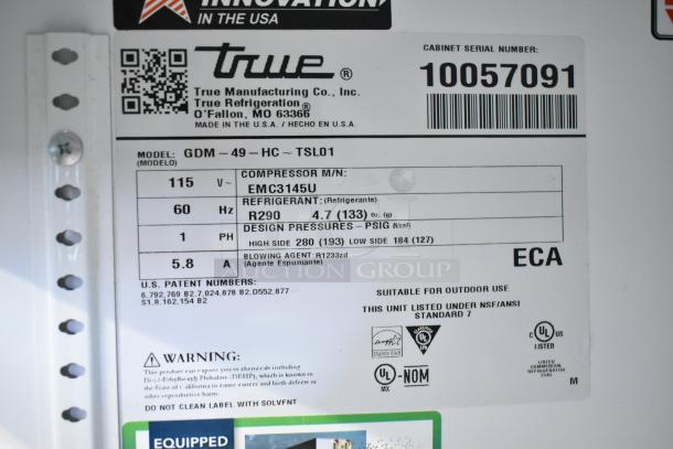 2020 True GDM-49-HC 2 Door Cooler, 115V, 1 Phase. Label: Model GDM-49-HC, uses R290 refrigerant, energy efficient.