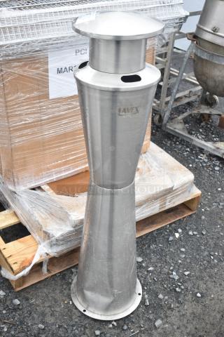 Brand new Lavex 475sp2rdss 2-gallon stainless steel freestanding cigarette receptacle with minor scratches.