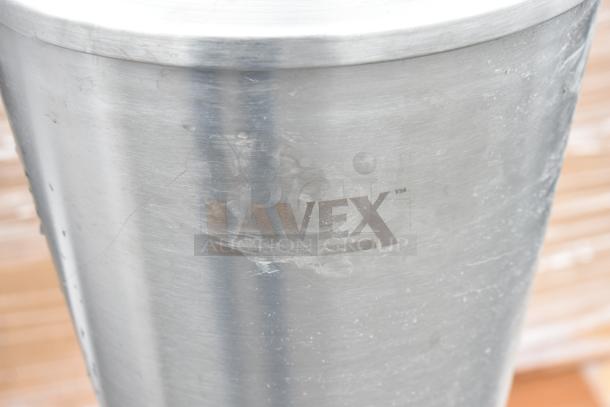 Brand new Lavex 475sp2rdss 2-gallon stainless steel freestanding cigarette receptacle with visible minor scratches.