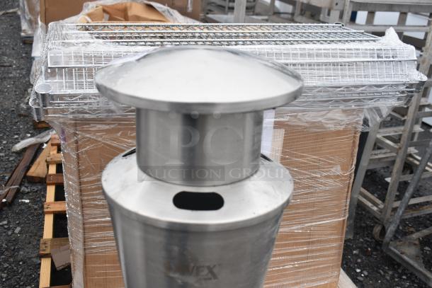 Brand new Lavex 475sp2rdss 2-gallon stainless steel cigarette receptacle, minor imperfections, freestanding design.