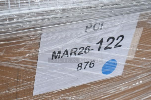 Pallet wrapped with plastic, labeled "MAR26-122". Contains 4 new items, including a cutting board and wire shelf.
