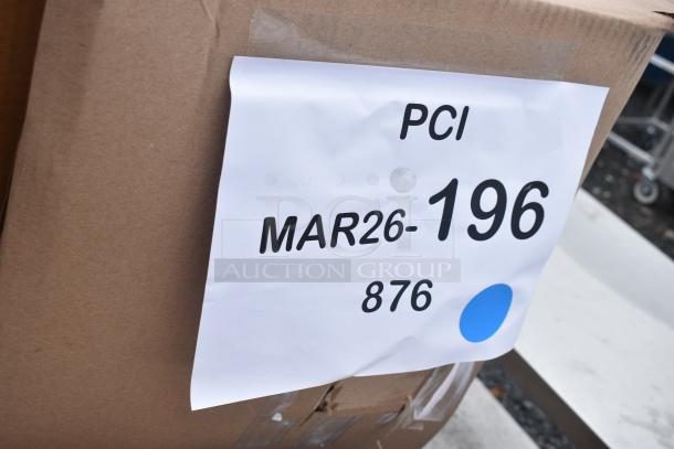 Cardboard box with a label "PCI MAR26-196 876" attached, indicating auction lot of 4 new scratch and dent items.