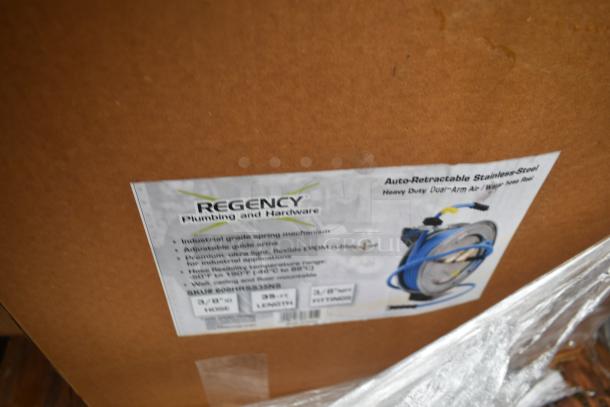 Regency Plumbing box with label for auto-retractable stainless-steel hose reel. Features industrial grade, adjustable arms.