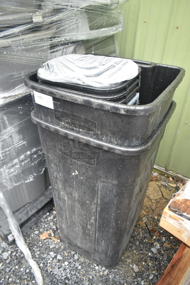 Black Rubbermaid poly trash can with visible wear and label, part of a lot of 13, auction item 177.