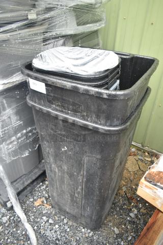 Black Rubbermaid poly trash can with visible wear and label, part of a lot of 13, auction item 177.