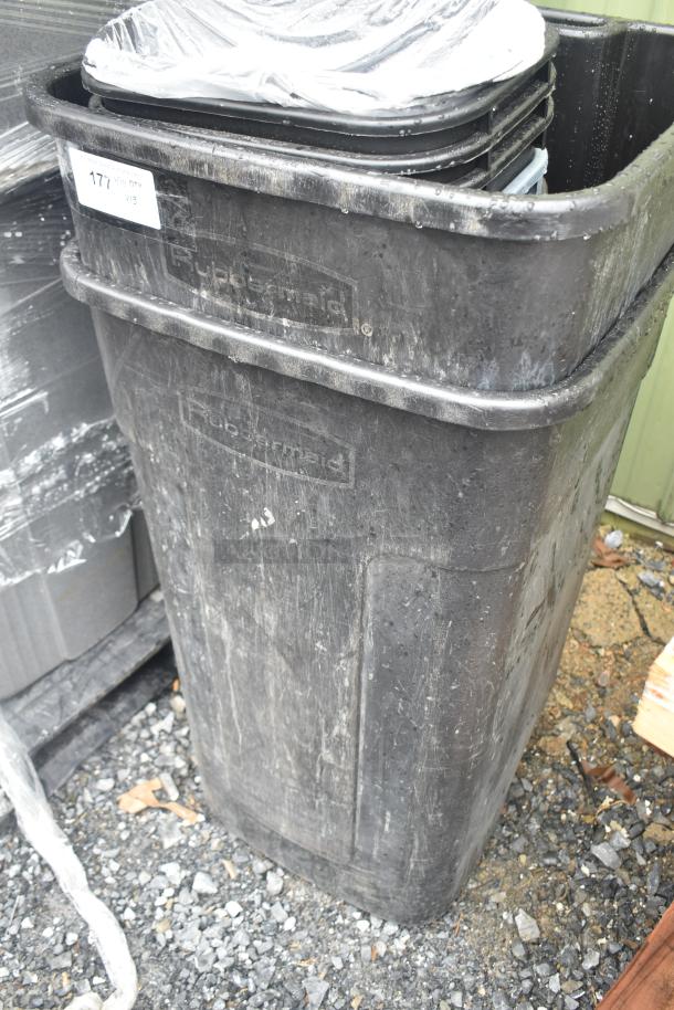 13 Rubbermaid poly trash cans, weathered condition, stackable with lids. Quantity: 13 times your bid.