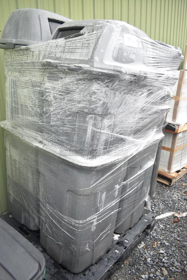 Set of 9 gray poly trash cans wrapped in plastic, stackable design, good condition, ready for bulk bidding.