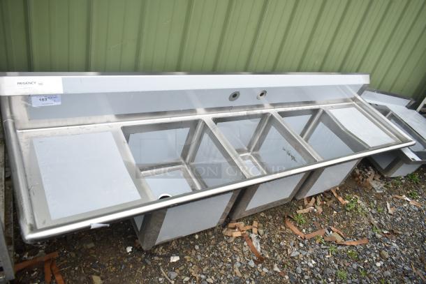 Brand new Regency 600S31818218, 94" three-compartment sink, 16 gauge stainless steel, with cross bracing, no legs.