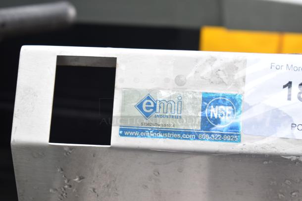 Single bay sink by EMI Industries, featuring an NSF certification label, made of stainless steel, includes skillets.