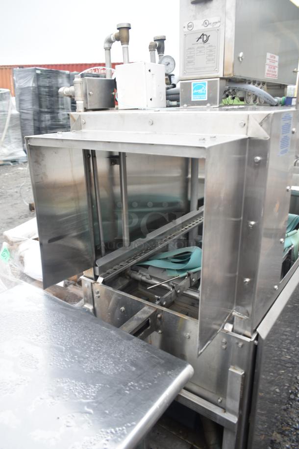 American Dish Service ADC-44 stainless steel conveyor dishwasher, 208V, 3 phase. Visible controls and internal mechanisms.