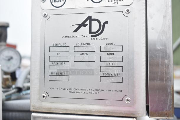 American Dish Service ADS ADC-44 commercial dishwasher label, 208V, 3-phase, stainless steel condition, serial RH11413.