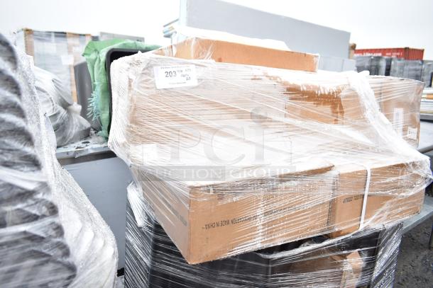 Plastic-wrapped pallet of 20 brand new scratch and dent items, including table bases. Visible label with auction details.