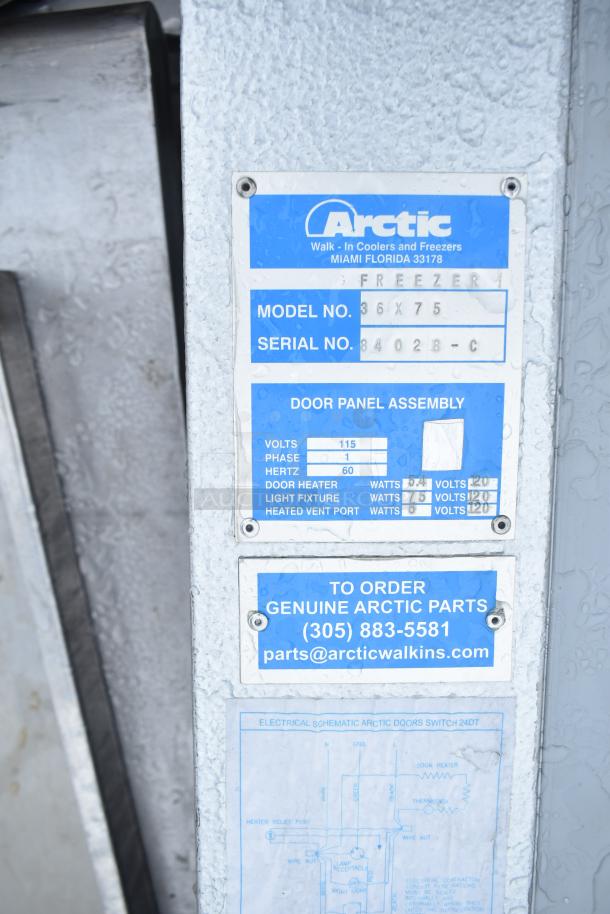 Arctic 36x75 Walk In Box with model and serial number labels, showing door panel assembly details and contact for parts.