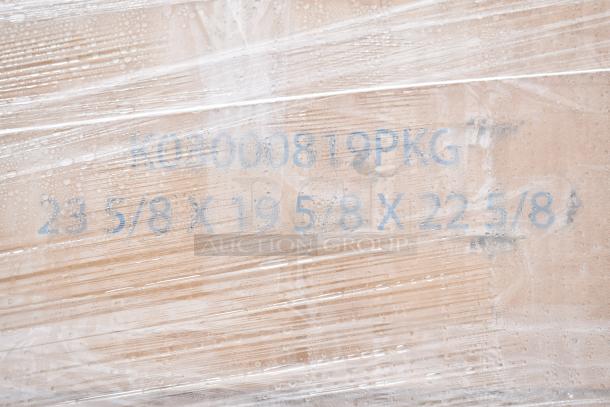 Packaging of brand new scratch and dent items, model K03000819PKG, dimensions 23 5/8 x 19 5/8 x 22 5/8 inches.