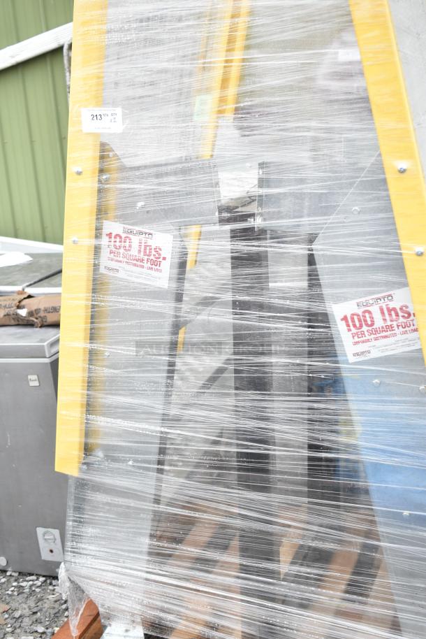 New Equipto ladder, wrapped in plastic, yellow and black, labeled "100 lbs per square foot." Some scratches visible.