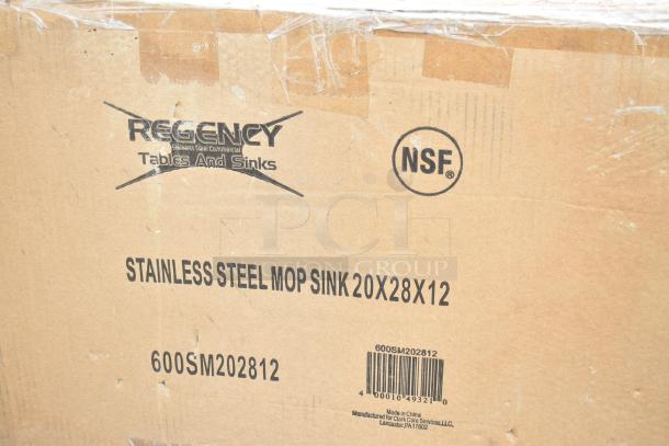 Cardboard box labeled "Regency Stainless Steel Mop Sink 20x28x12," NSF certified, model 600SM202812.