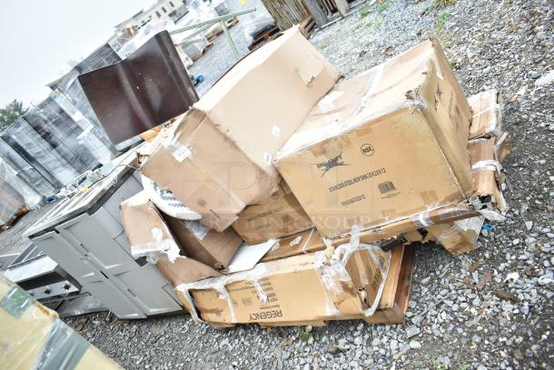 Boxes of 10 brand new scratch and dent items, including Regency stainless steel mop sink.