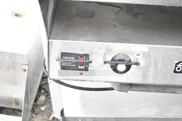 ServeWell Commercial 4 Bay Steam Table, stainless steel, control knobs visible, warning label for water level.