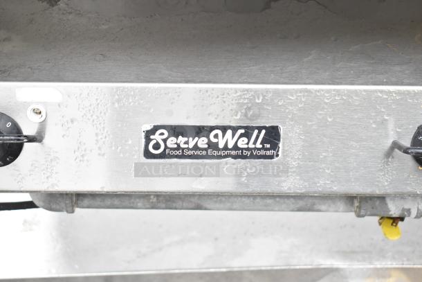 ServeWell Commercial 4 Bay Steam Table, stainless steel, by Vollrath. Features control dials and ServeWell logo. Good condition.