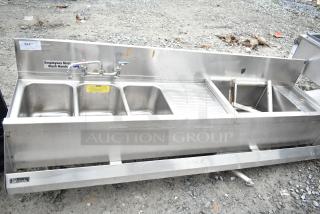 Commercial 3 bay back bar sink with ice bin, speedwell; stainless steel, faucet, and utility labels visible; used condition.