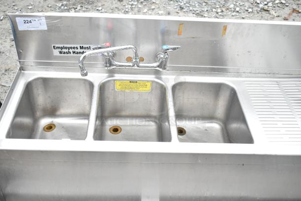 Commercial 3 bay back bar sink with ice bin and speedwell. Stainless steel, faucet included, "Employees Must Wash Hands" sign.