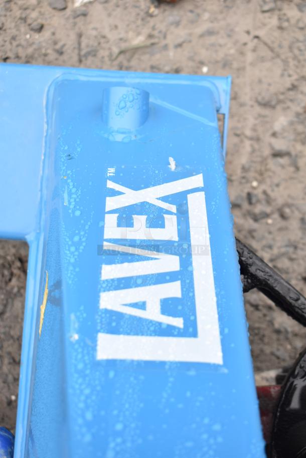 Lavex Commercial pallet jack, 5,500 lb capacity, blue finish, visible brand logo, slightly used condition.