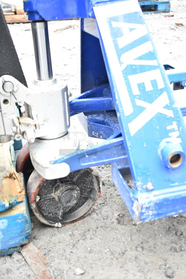 Lavex Commercial pallet jack, 5,500 lb capacity, blue with visible branding, steel construction, durable wheels, used condition.