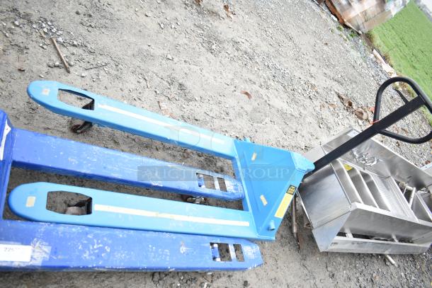 2 Lavex Commercial pallet jacks, 5,500 lb capacity, blue, slightly worn condition, features adjustable forks.