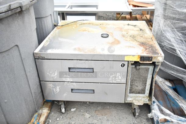 Delfield 2 Drawer Chef Base on casters, 115V, 1 Phase, stainless steel, weathered condition, visible wear.