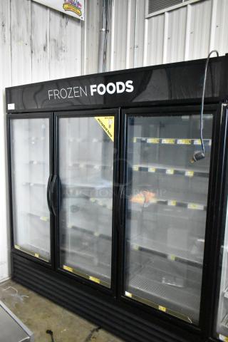 2018 True GDM-72F-HC commercial 3-door freezer merchandiser, glass doors, labeled "Frozen Foods," EBT and SNAP accepted.