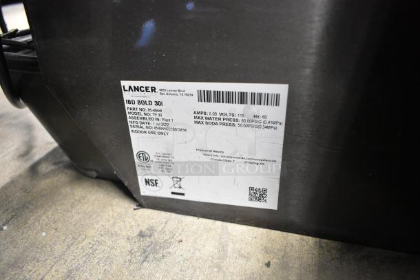 2022 Lancer TP 30 Beverage Dispenser, 115V, 1 Phase. Label shows model details, MFG date 1 July 2022, serial no. 85484422265OX5K.