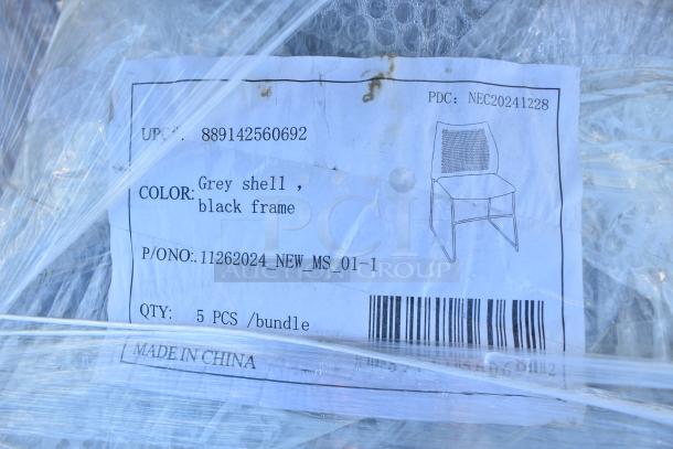 Package of 25 new scratch and dent grey shell, black frame chairs. Includes label with UPC and product details. Made in China.