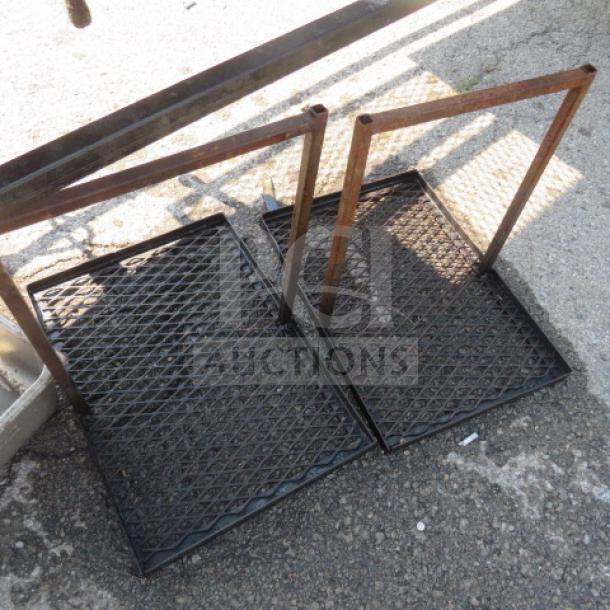 Outdoor cooking appliance with grill and dual deep fryer, covered roof, on casters, 109x34x83, metal surfaces, used condition.