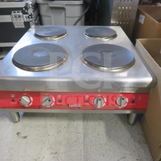Avantco Countertop French Style Electric Range, Model 177CER400, 240V, 1 Phase, 24.5"x25"x11". Features four burners, stainless steel finish, in good condition.
