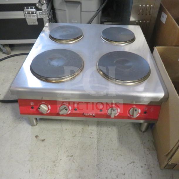 Avantco countertop electric range, Model 177CER400, French style, 4 burners, 240 Volt, 24.5x25x11 inches.
