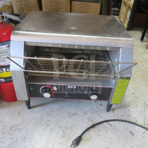 PYY conveyor toaster, model PYYASLJZH450SSUS, stainless steel, 110-120V. Features dual control dials, sturdy build, visible power cord.