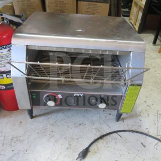 PYY conveyor toaster, model PYYASLJZH450SSUS, stainless steel, 110-120V. Features dual control dials, sturdy build, visible power cord.