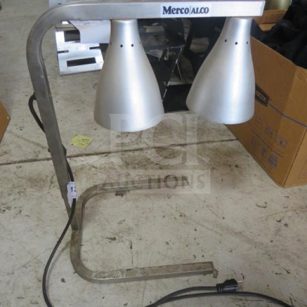 Merco 2 Bulb Food Warmer, silver finish, metal construction, in used condition with cord visible, Merco/Alco branding.