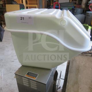 White ingredient bin without lid, sturdy plastic, minor scuffs. Auction tag "21 QTY" visible. Suitable for dry storage.