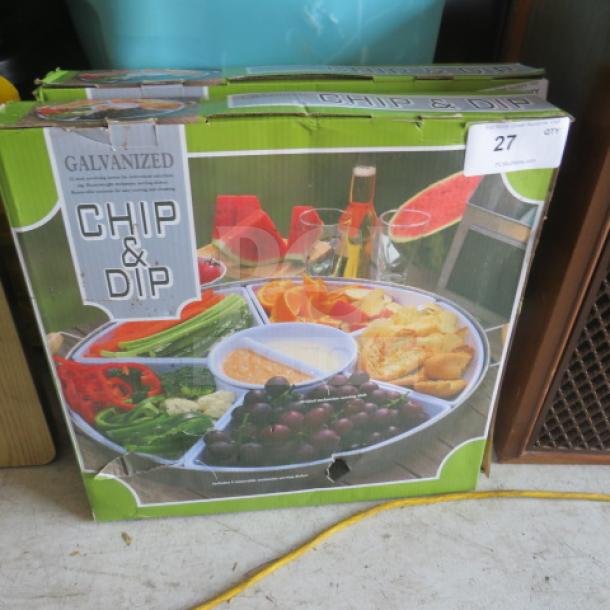 Boxed Galvanized Chip and Dip Set, new, showcasing a multi-section platter with assorted snacks, model and brand not specified.