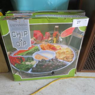Boxed Galvanized Chip and Dip Set, new, showcasing a multi-section platter with assorted snacks, model and brand not specified.