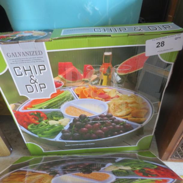 A new Galvanized Chip and Dip set in original packaging, featuring compartments for chips and various dips.