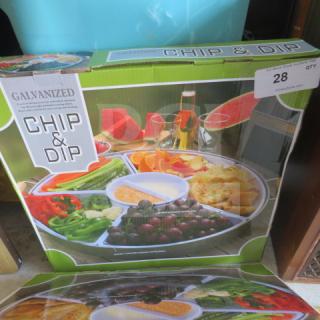 A new Galvanized Chip and Dip set in original packaging, featuring compartments for chips and various dips.