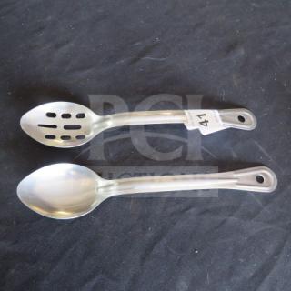 Two stainless steel spoons; one slotted, one solid. Tag marked "41." Smooth finish, auction item "Assorted Stainless Steel Spoon."