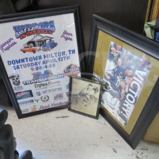 Framed assorted pictures, includes 'Hot Rods in the Hills' poster, sports victory photo, and vintage hockey image.