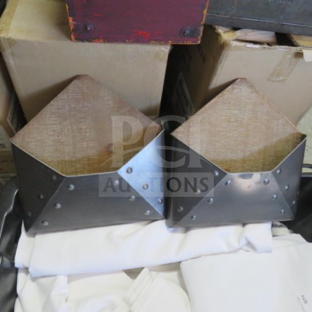 Metal wall-mounted envelope decor pieces, rivet details, vintage style, good condition, set of two.